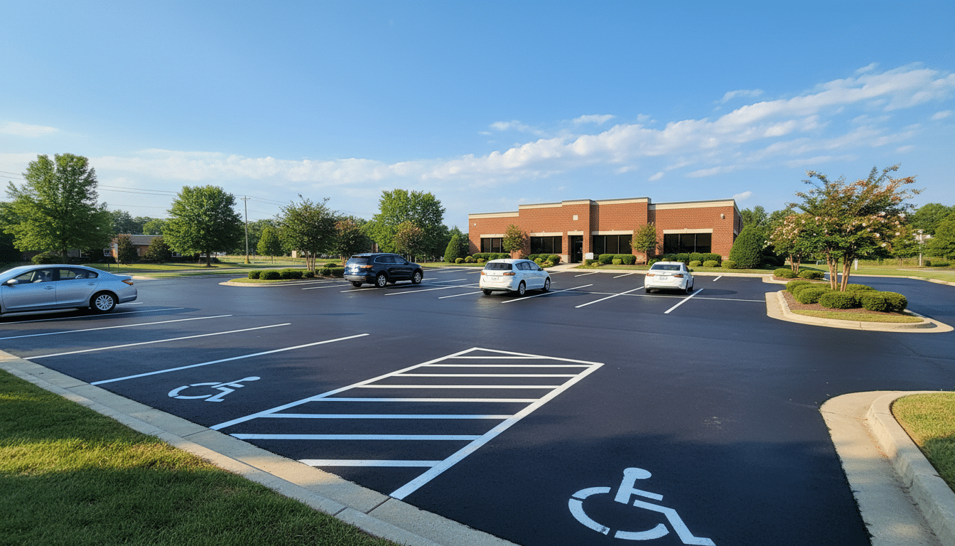 Freshly sealcoated commercial parking lot sealcoating Fredericksburg VA project with crisp white ADA-compliant line striping