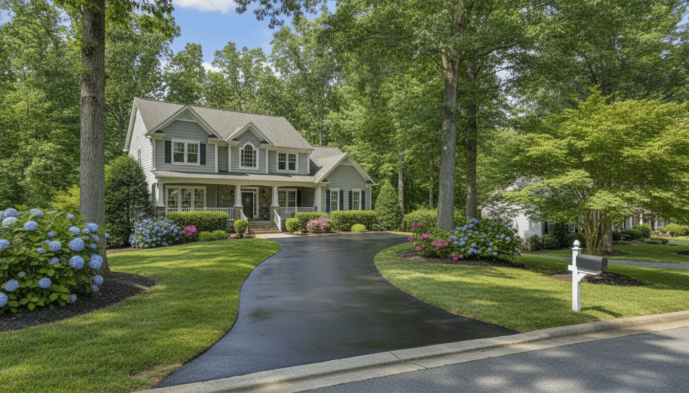 Freshly sealcoated residential driveway showing driveway sealcoating cost results